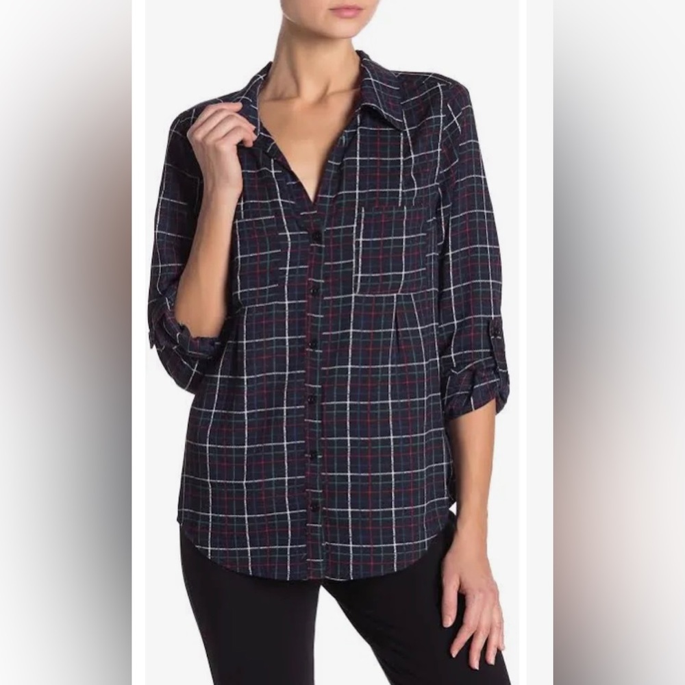 Joie Womens Cartel Button Blouse Midnight Blue Plaid Long Sleeve Size Small